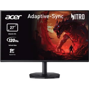 Monitor gaming Acer Nitro da 27 pollici WQHD IPS con Adaptive-Sync, 120Hz e 1ms: scena epica con creatura draconica in ambientazione infuocata, ideale per prestazioni visive estreme.