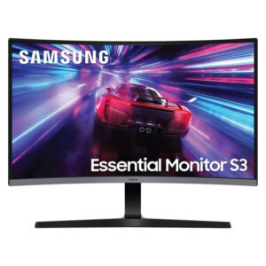 Monitor curvo Samsung Essential S3 con scena di corsa futuristica: auto sportiva rossa in tunnel luminoso, ideale per gaming e contenuti multimediali ad alta definizione.